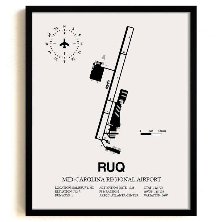Framed Detailed Airport Map of Mid-Carolina Regional Airport (RUQ) in White with a Black Frame