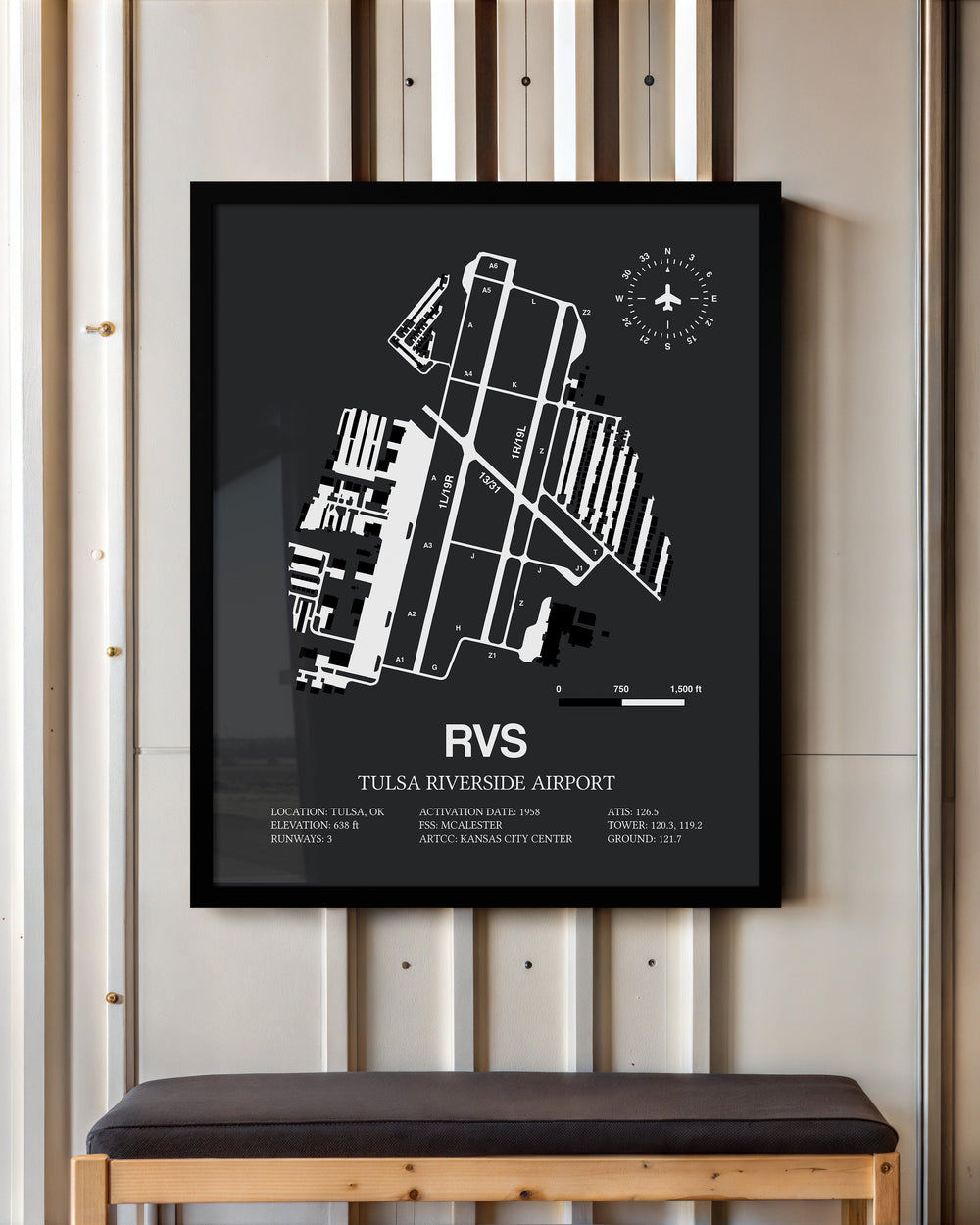 Framed Detailed Airport Map of Tulsa Riverside Airport (RVS) in Gray with a Black Frame