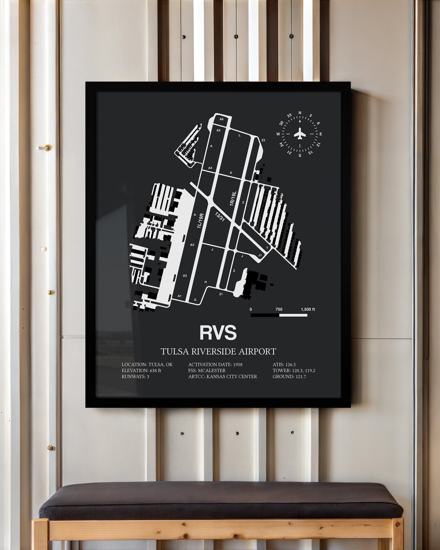 Framed Detailed Airport Map of Tulsa Riverside Airport (RVS) in Gray with a Black Frame
