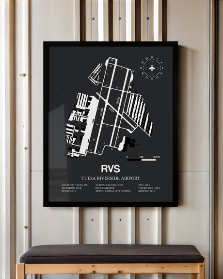 Framed Detailed Airport Map of Tulsa Riverside Airport (RVS) in Gray with a Black Frame