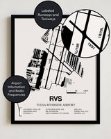 Framed Detailed Airport Map of Tulsa Riverside Airport (RVS) in White with a Black Frame