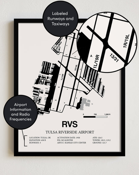 Framed Detailed Airport Map of Tulsa Riverside Airport (RVS) in White with a Black Frame