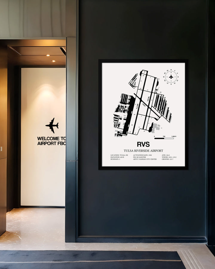 Framed Detailed Airport Map of Tulsa Riverside Airport (RVS) in White with a Black Frame