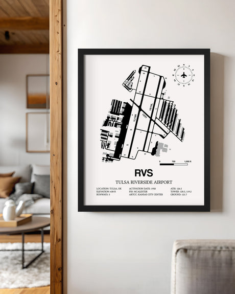 Framed Detailed Airport Map of Tulsa Riverside Airport (RVS) in White with a Black Frame