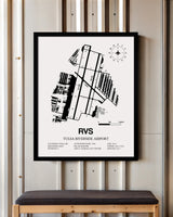 Framed Detailed Airport Map of Tulsa Riverside Airport (RVS) in White with a Black Frame