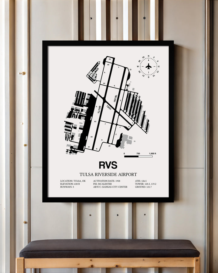 Framed Detailed Airport Map of Tulsa Riverside Airport (RVS) in White with a Black Frame