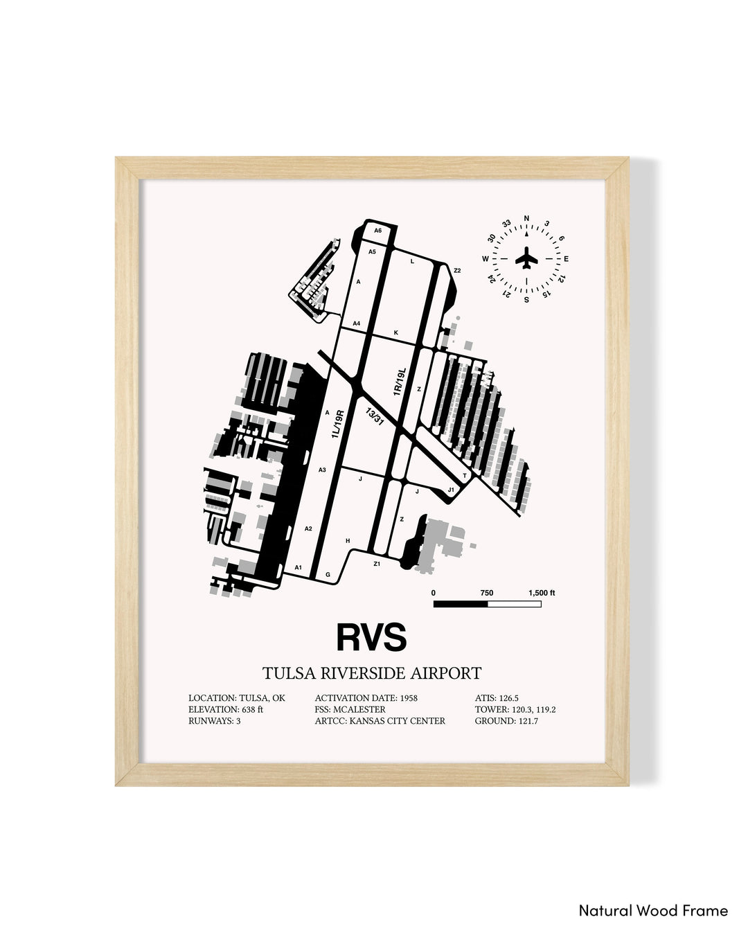 Detailed Airport Map of Tulsa Riverside Airport (RVS) in White with a Natural Frame