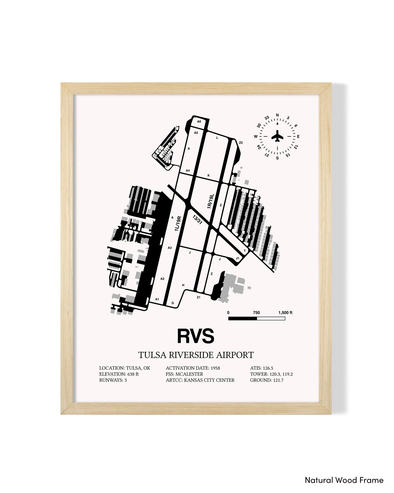 Detailed Airport Map of Tulsa Riverside Airport (RVS) in White with a Natural Frame
