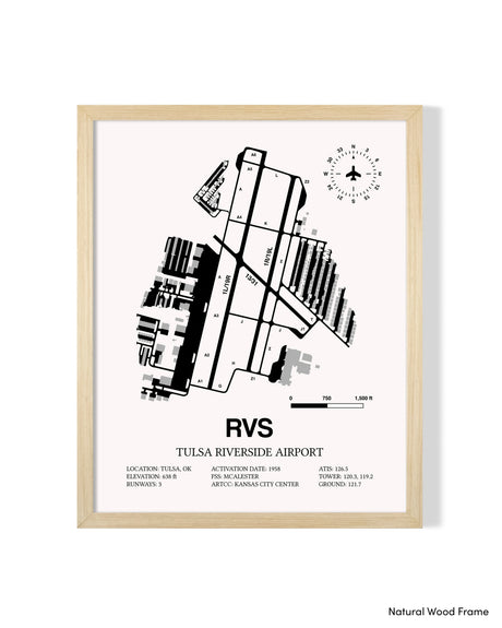 Detailed Airport Map of Tulsa Riverside Airport (RVS) in White with a Natural Frame
