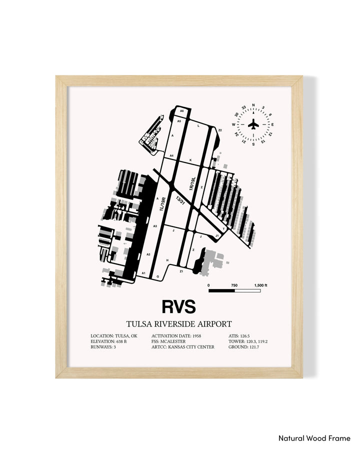 Detailed Airport Map of Tulsa Riverside Airport (RVS) in White with a Natural Frame