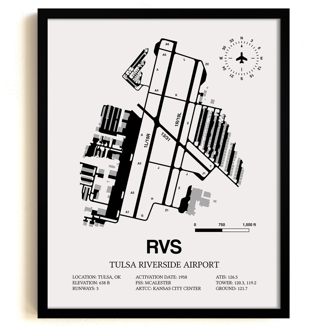 Framed Detailed Airport Map of Tulsa Riverside Airport (RVS) in White with a Black Frame