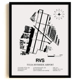 Framed Detailed Airport Map of Tulsa Riverside Airport (RVS) in White with a Black Frame