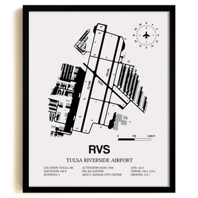 Framed Detailed Airport Map of Tulsa Riverside Airport (RVS) in White with a Black Frame