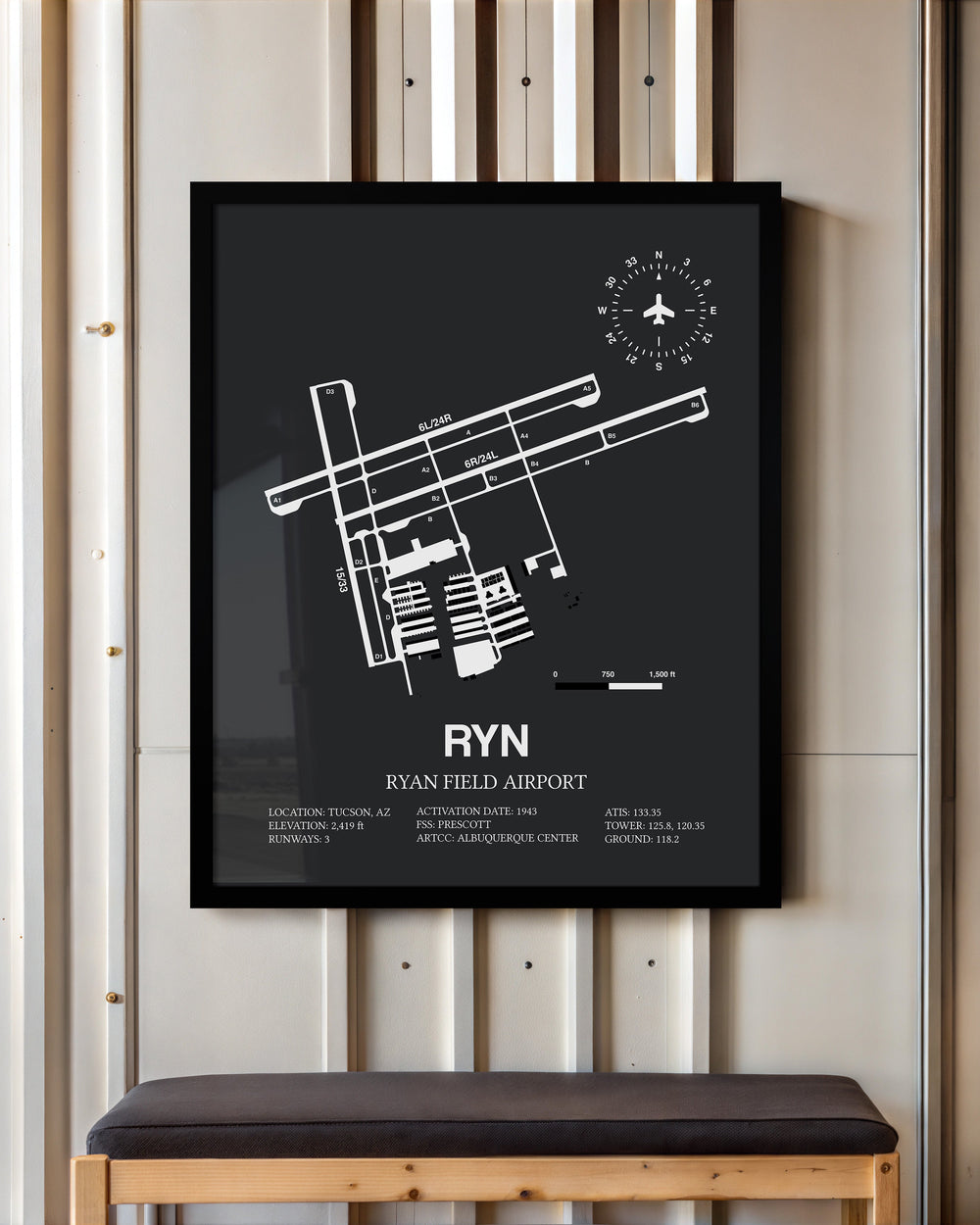 Framed Detailed Airport Map of Ryan Field Airport (RYN) in Gray with a Black Frame
