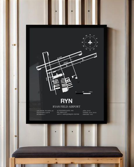 Framed Detailed Airport Map of Ryan Field Airport (RYN) in Gray with a Black Frame