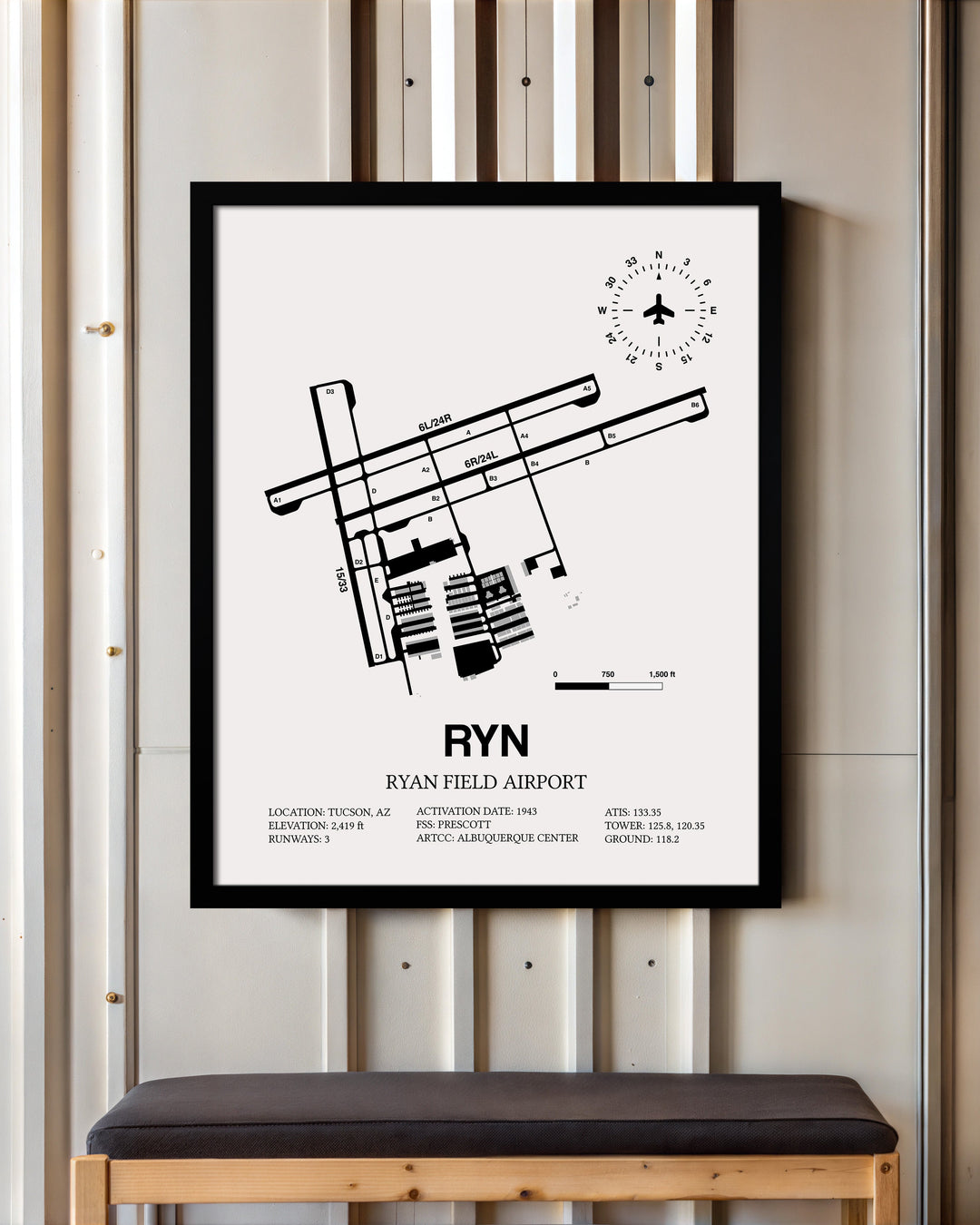 Framed Detailed Airport Map of Ryan Field Airport (RYN) in White with a Black Frame