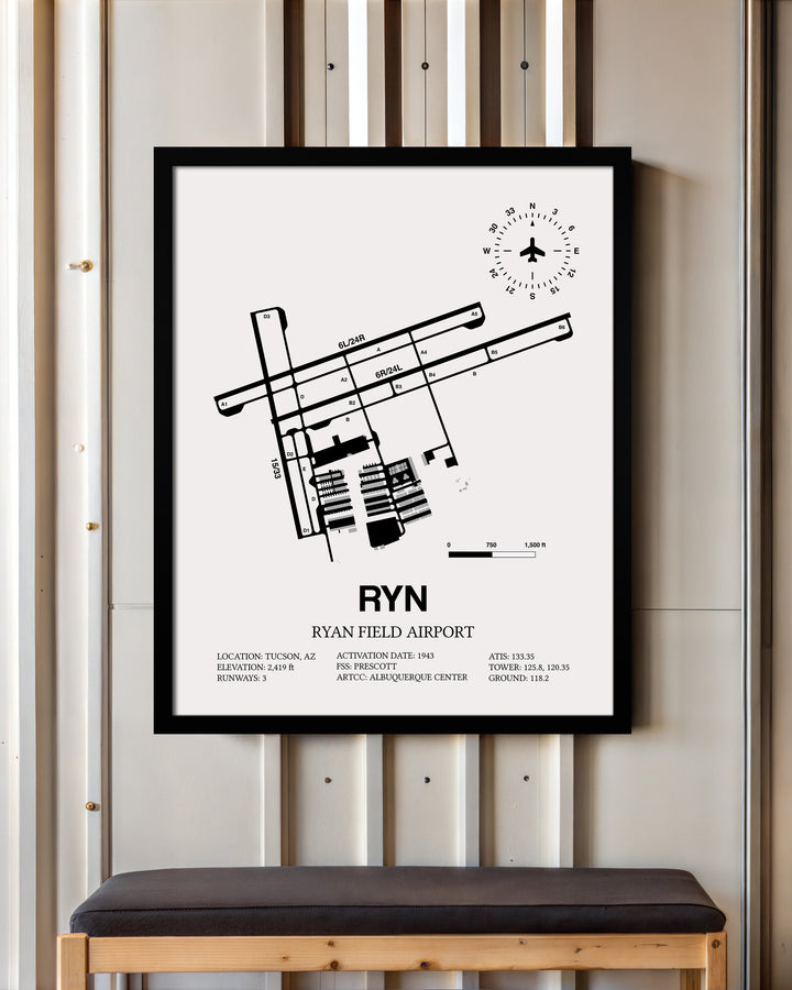Framed Detailed Airport Map of Ryan Field Airport (RYN) in White with a Black Frame