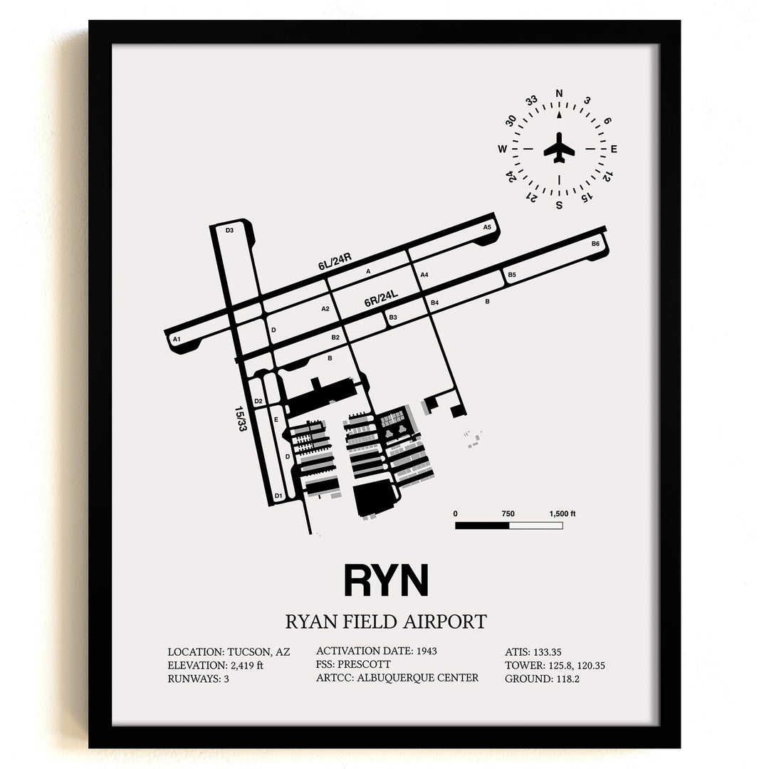 Framed Detailed Airport Map of Ryan Field Airport (RYN) in White with a Black Frame