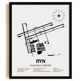 Framed Detailed Airport Map of Ryan Field Airport (RYN) in White with a Black Frame