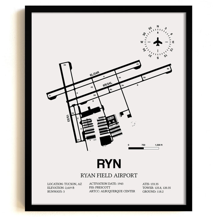 Framed Detailed Airport Map of Ryan Field Airport (RYN) in White with a Black Frame
