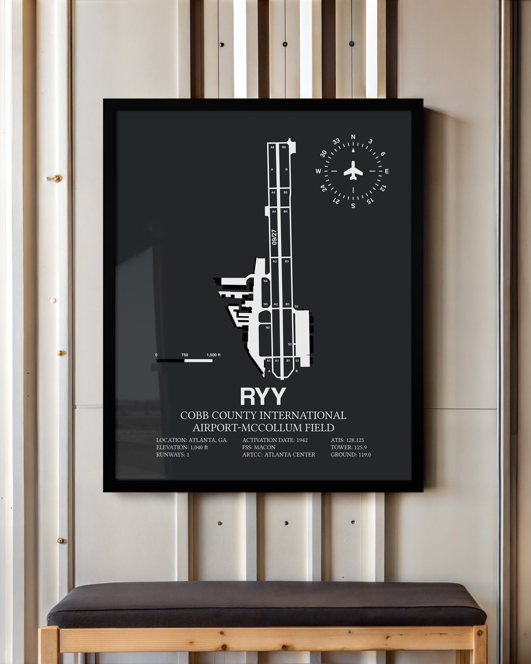 Framed Detailed Airport Map of Cobb County International Airport-McCollum Field (RYY) in Gray with a Black Frame