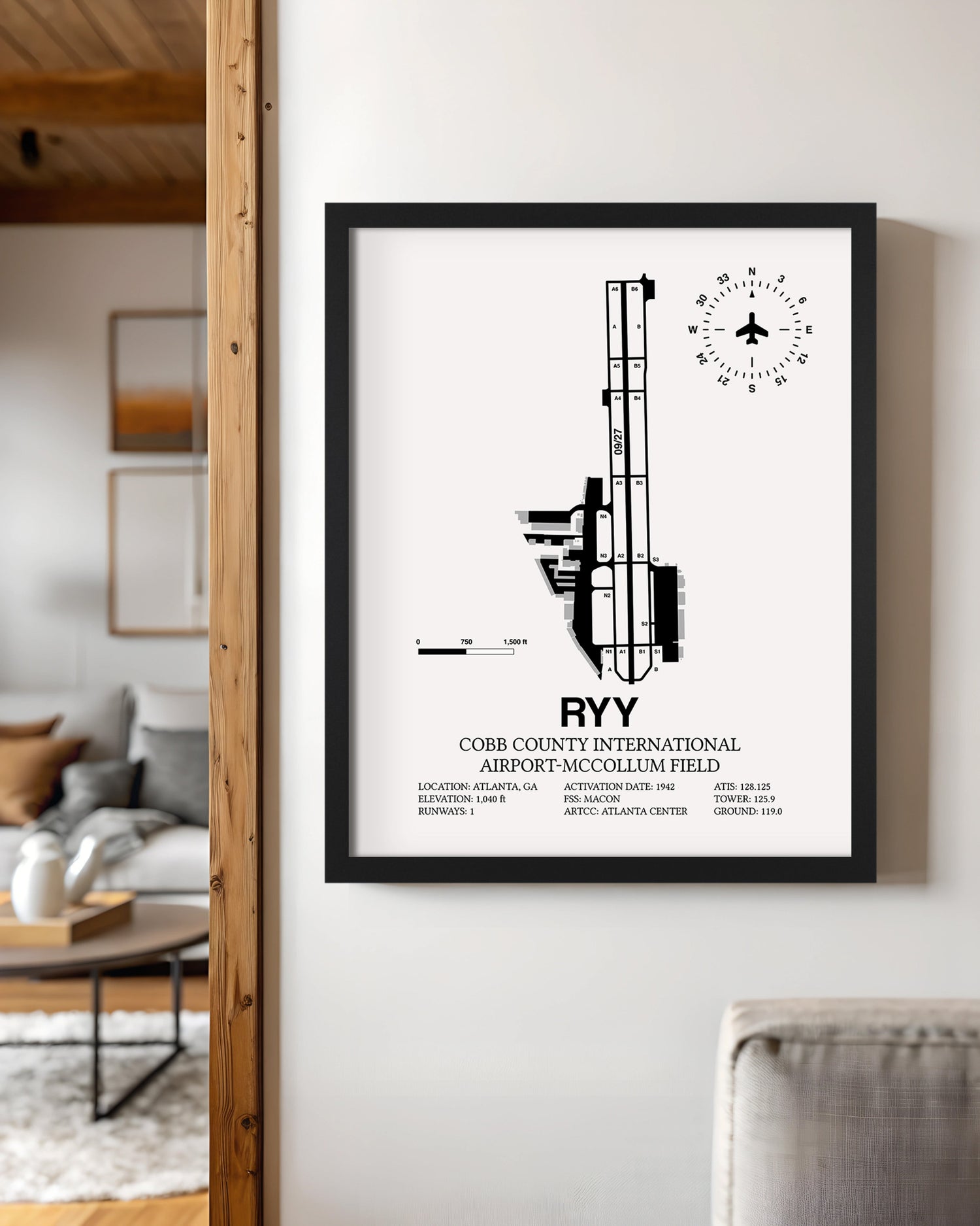 Framed Detailed Airport Map of Cobb County International Airport-McCollum Field (RYY) in White with a Black Frame