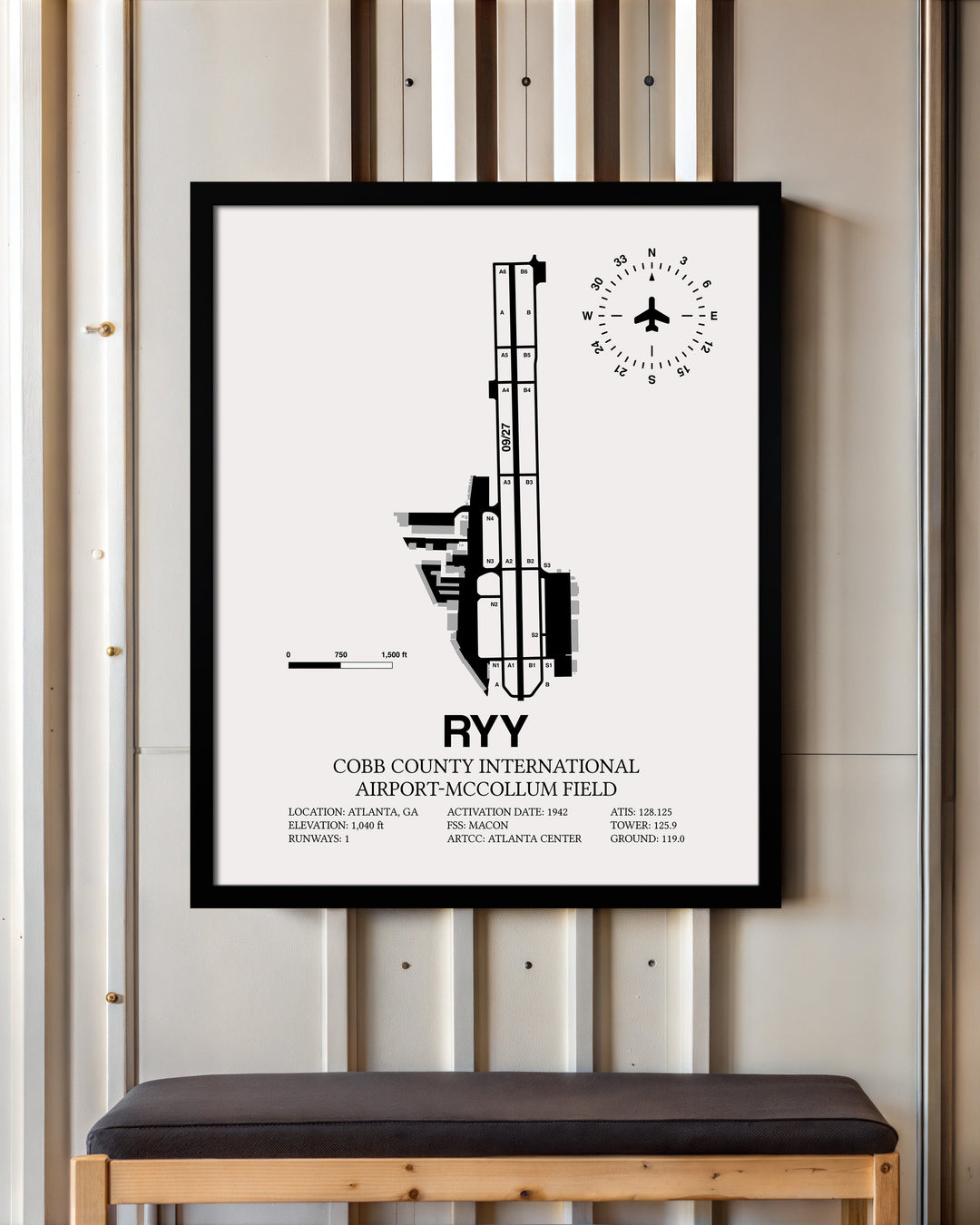 Framed Detailed Airport Map of Cobb County International Airport-McCollum Field (RYY) in White with a Black Frame