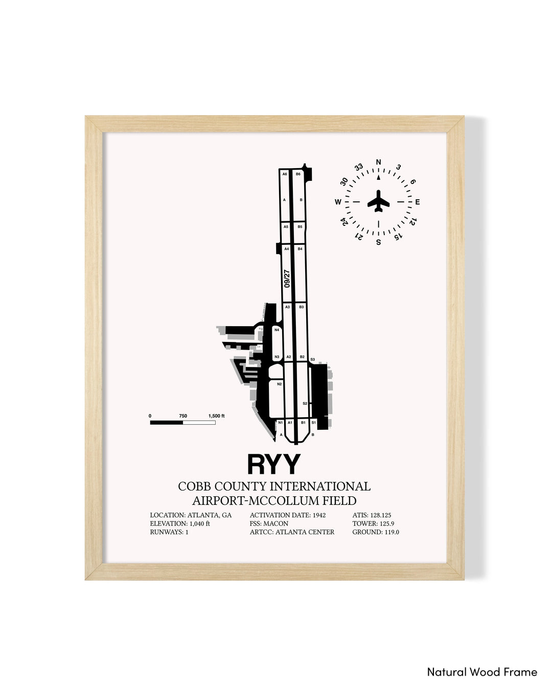 Detailed Airport Map of Cobb County International Airport-McCollum Field (RYY) in White with a Natural Frame