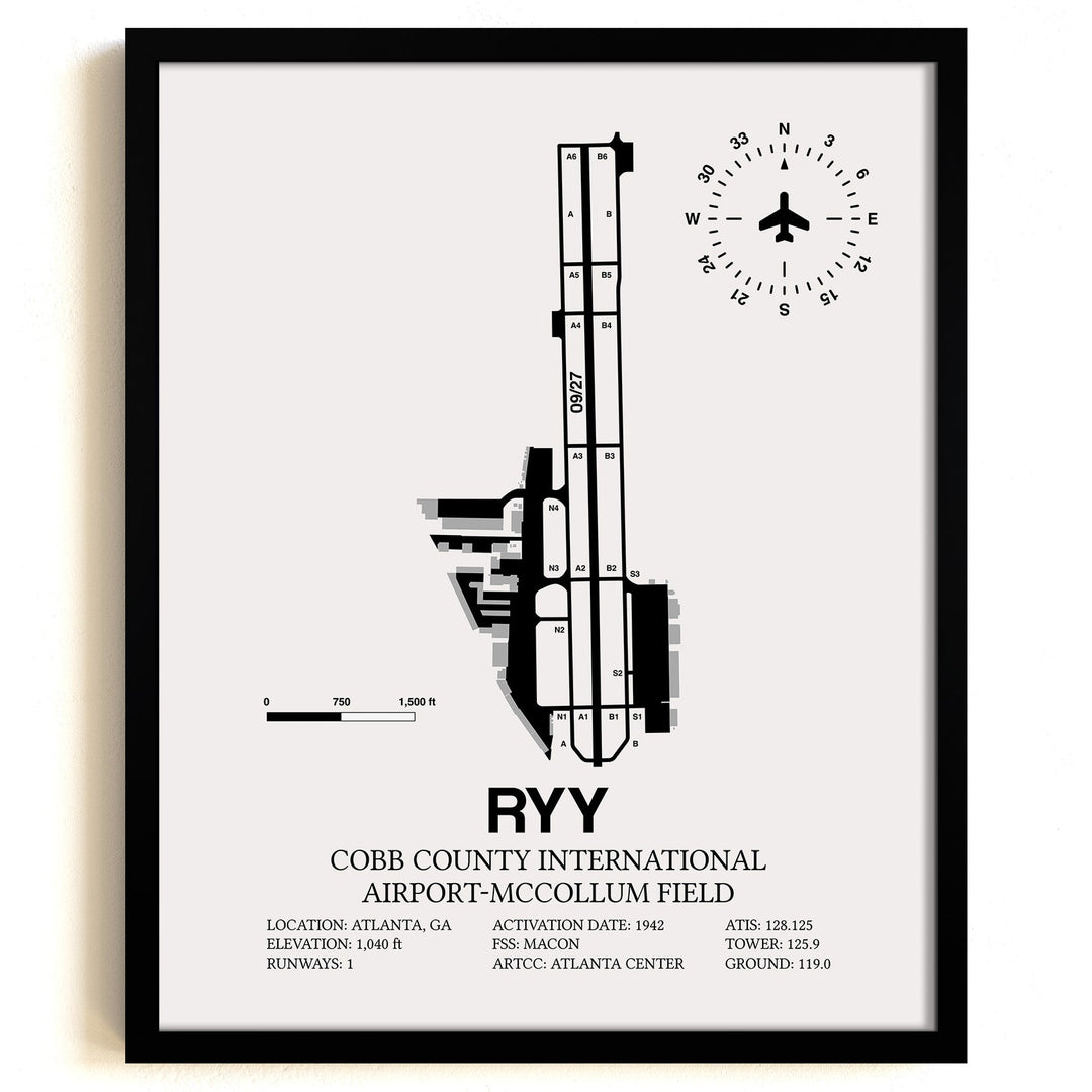 Framed Detailed Airport Map of Cobb County International Airport-McCollum Field (RYY) in White with a Black Frame