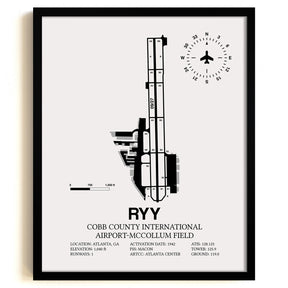 Framed Detailed Airport Map of Cobb County International Airport-McCollum Field (RYY) in White with a Black Frame
