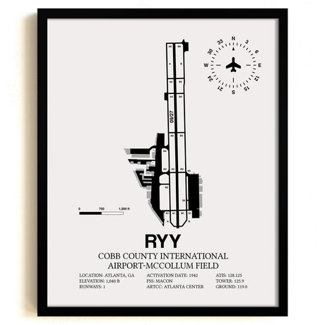 Framed Detailed Airport Map of Cobb County International Airport-McCollum Field (RYY) in White with a Black Frame