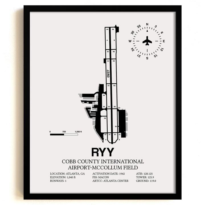 Framed Detailed Airport Map of Cobb County International Airport-McCollum Field (RYY) in White with a Black Frame