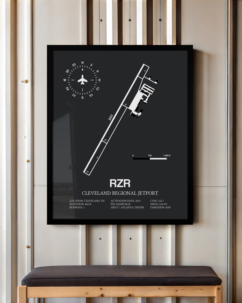 Framed Detailed Airport Map of Cleveland Regional Jetport (RZR) in Gray with a Black Frame
