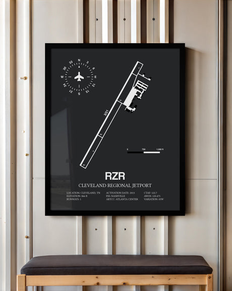 Framed Detailed Airport Map of Cleveland Regional Jetport (RZR) in Gray with a Black Frame