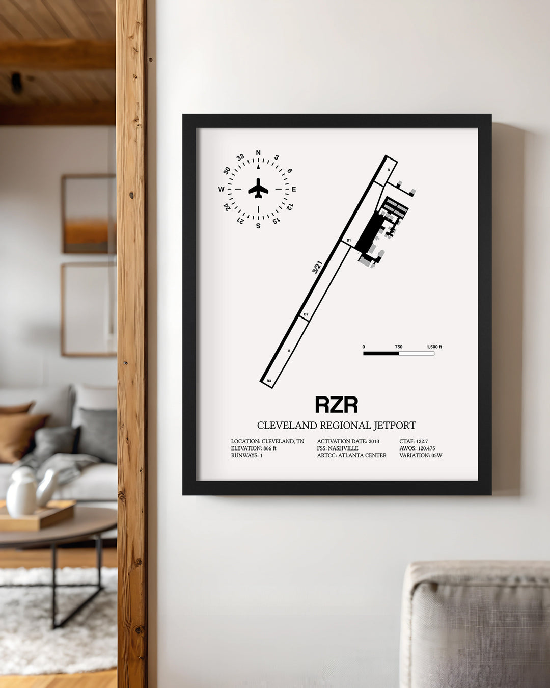 Framed Detailed Airport Map of Cleveland Regional Jetport (RZR) in White with a Black Frame