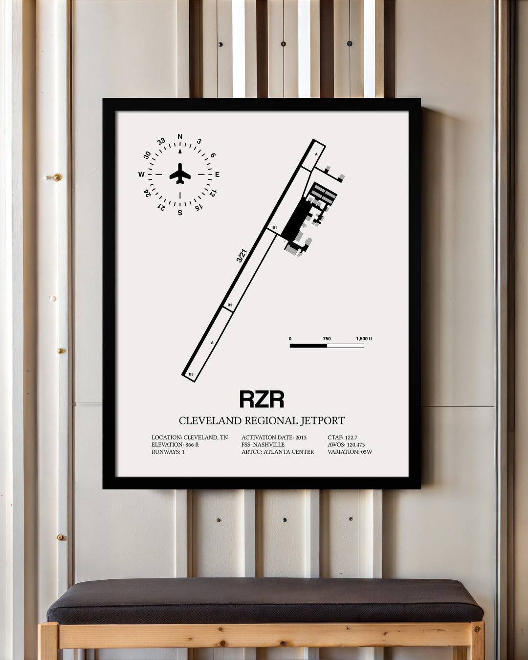 Framed Detailed Airport Map of Cleveland Regional Jetport (RZR) in White with a Black Frame