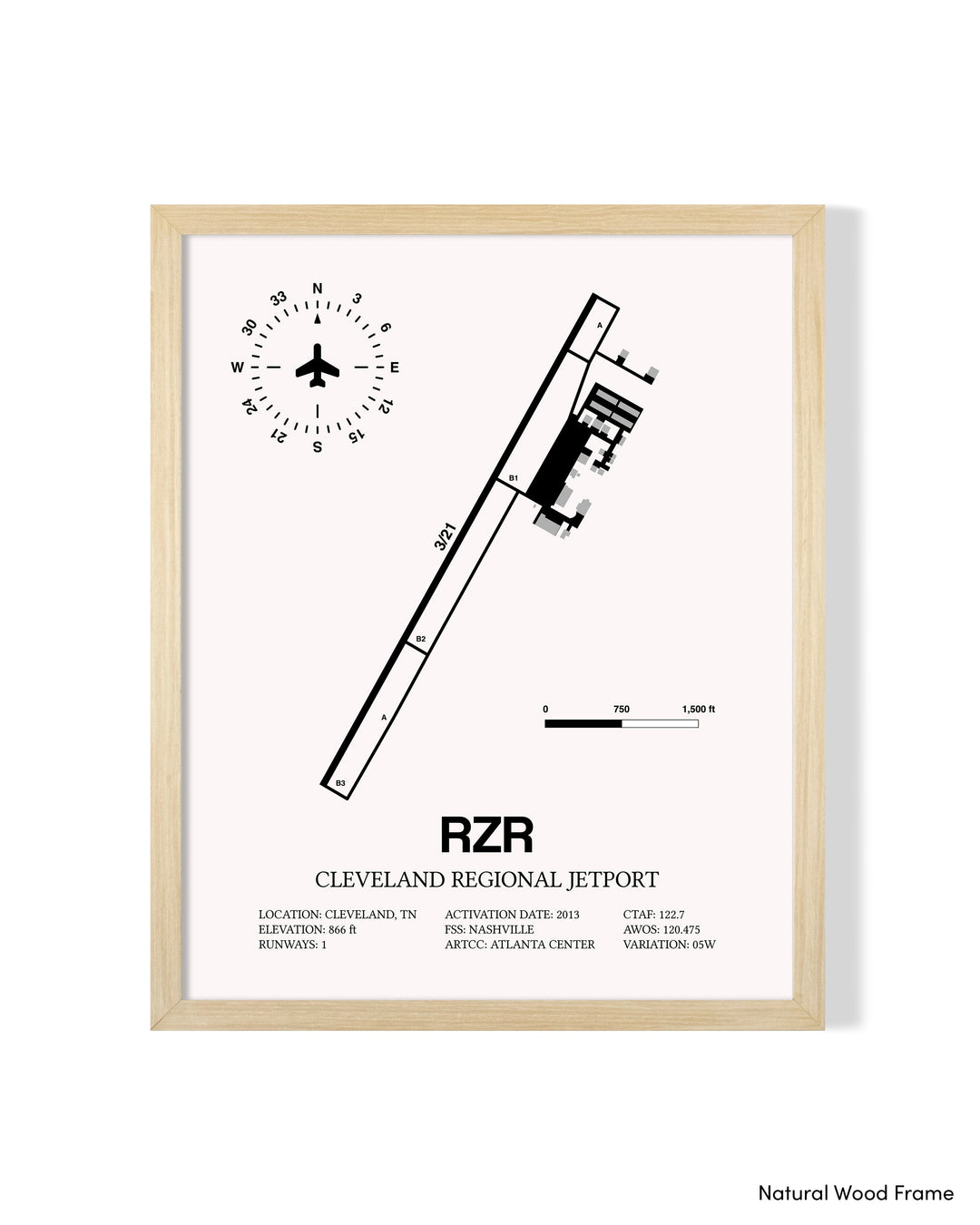 Detailed Airport Map of Cleveland Regional Jetport (RZR) in White with a Natural Frame