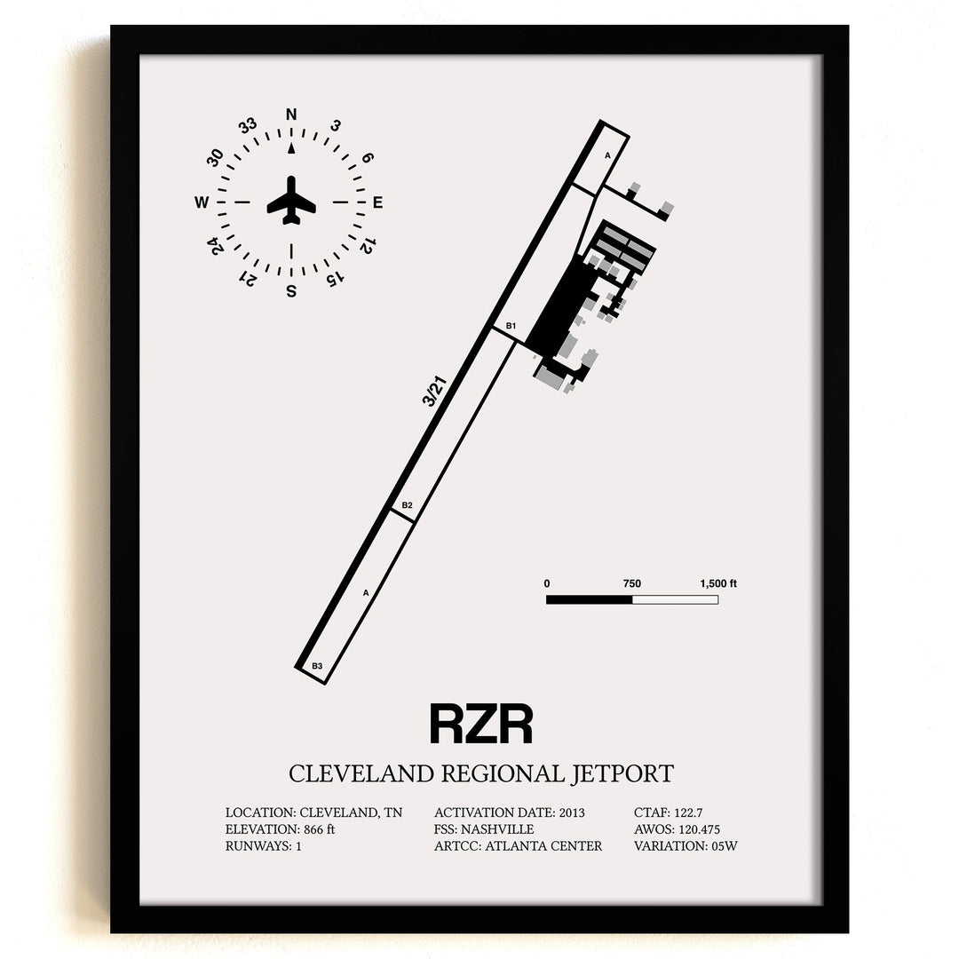 Framed Detailed Airport Map of Cleveland Regional Jetport (RZR) in White with a Black Frame