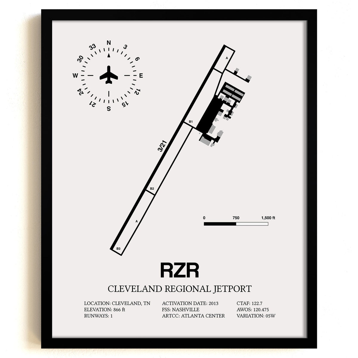 Framed Detailed Airport Map of Cleveland Regional Jetport (RZR) in White with a Black Frame