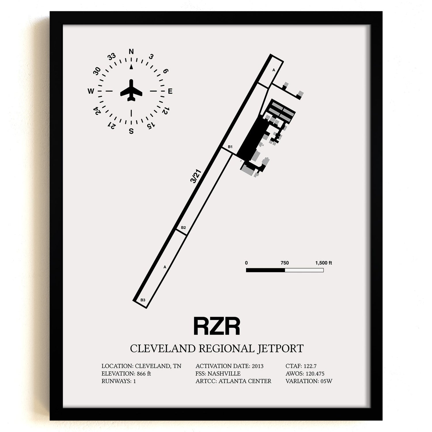 Framed Detailed Airport Map of Cleveland Regional Jetport (RZR) in White with a Black Frame