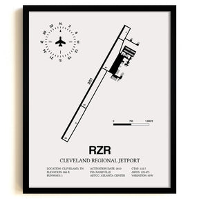 Framed Detailed Airport Map of Cleveland Regional Jetport (RZR) in White with a Black Frame