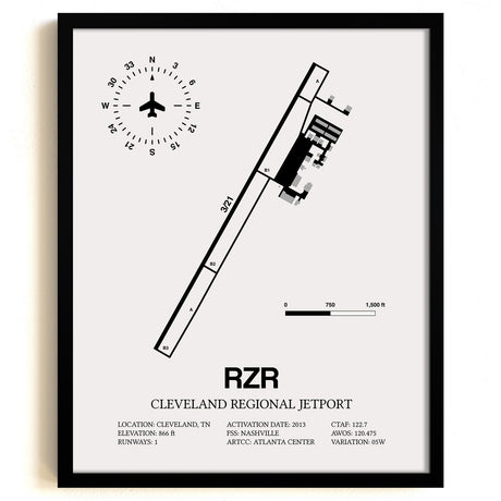 Framed Detailed Airport Map of Cleveland Regional Jetport (RZR) in White with a Black Frame