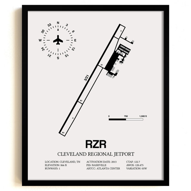 Framed Detailed Airport Map of Cleveland Regional Jetport (RZR) in White with a Black Frame