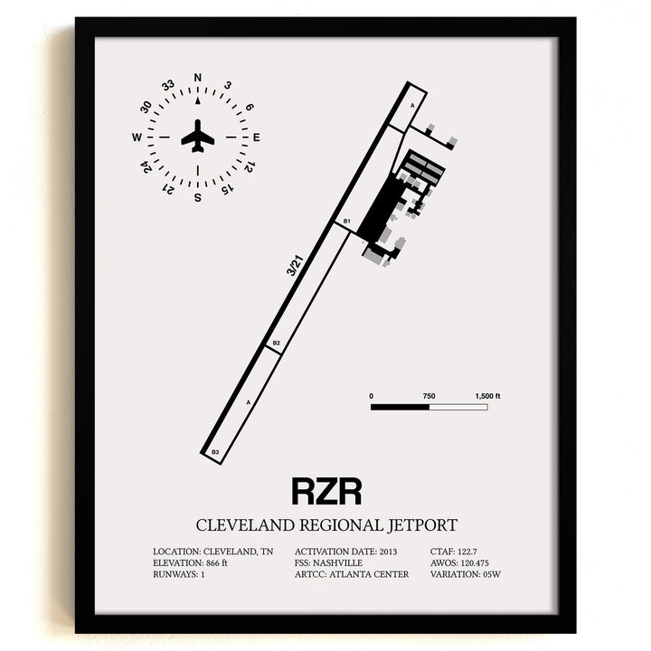 Framed Detailed Airport Map of Cleveland Regional Jetport (RZR) in White with a Black Frame