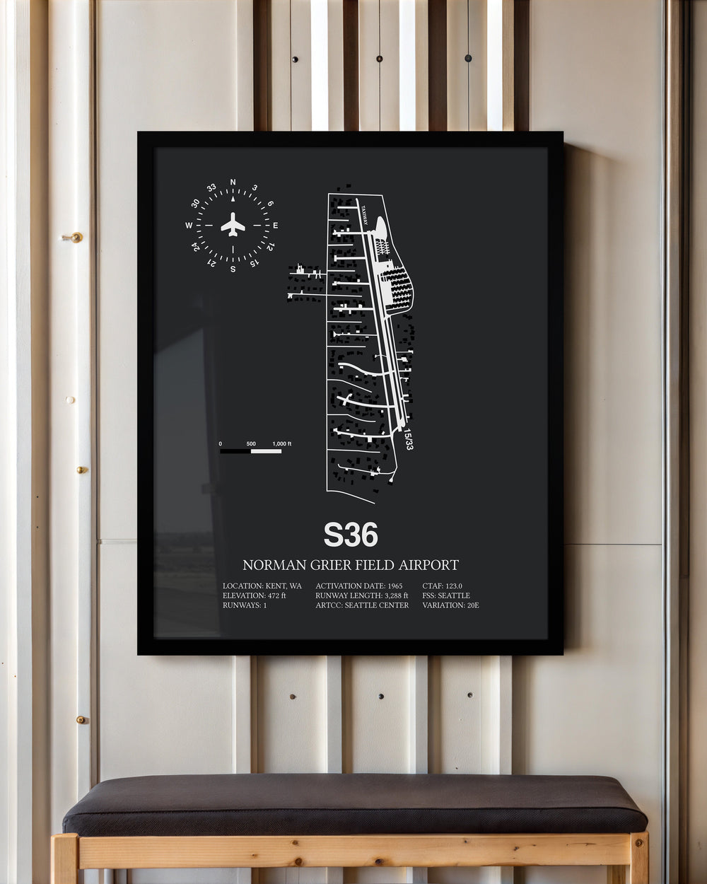 Framed Detailed Airport Map of Norman Grier Field Airport (S36) in Gray with a Black Frame