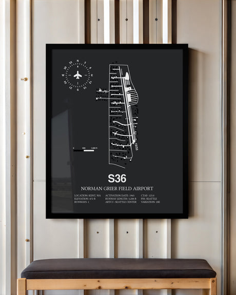 Framed Detailed Airport Map of Norman Grier Field Airport (S36) in Gray with a Black Frame