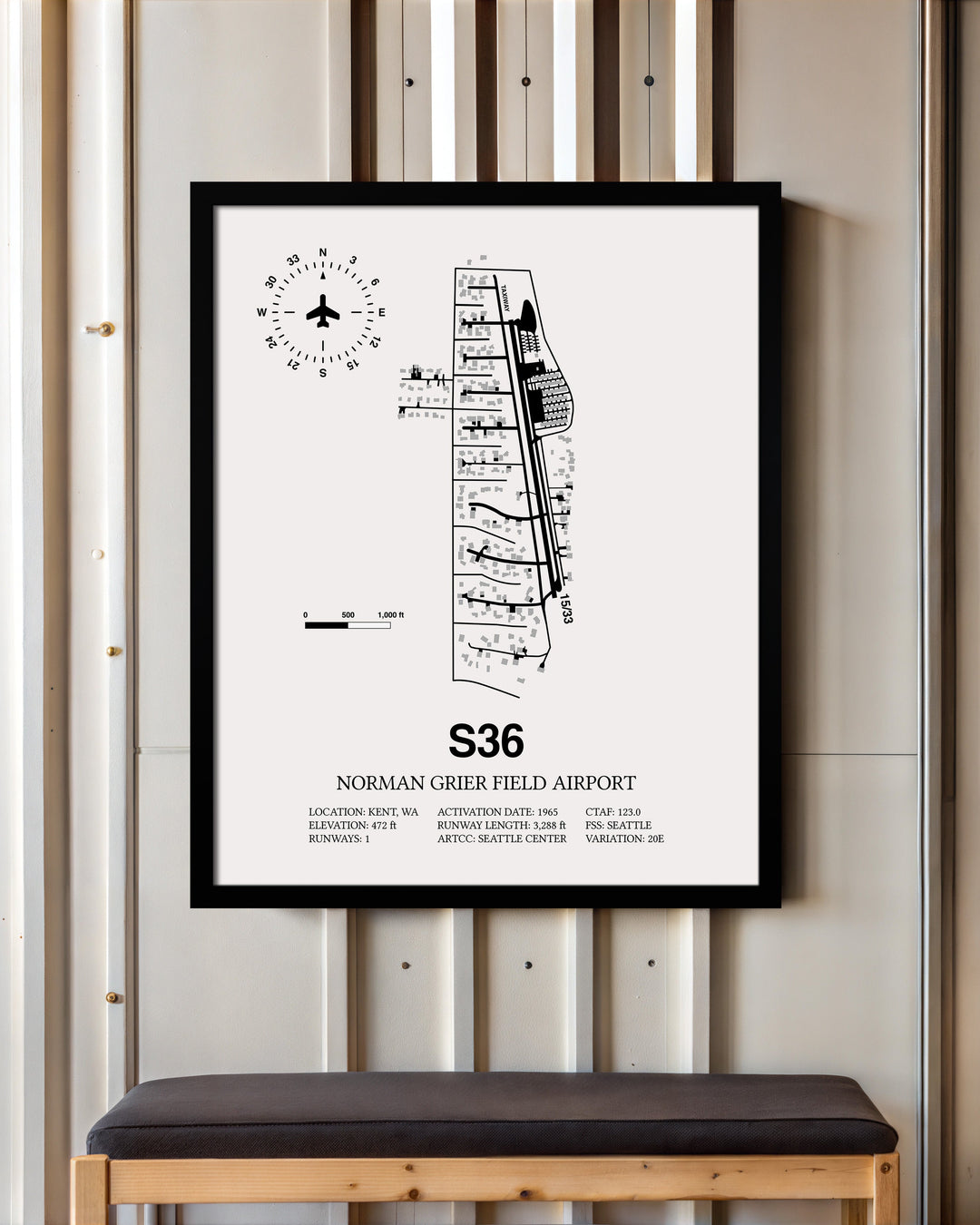 Framed Detailed Airport Map of Norman Grier Field Airport (S36) in White with a Black Frame