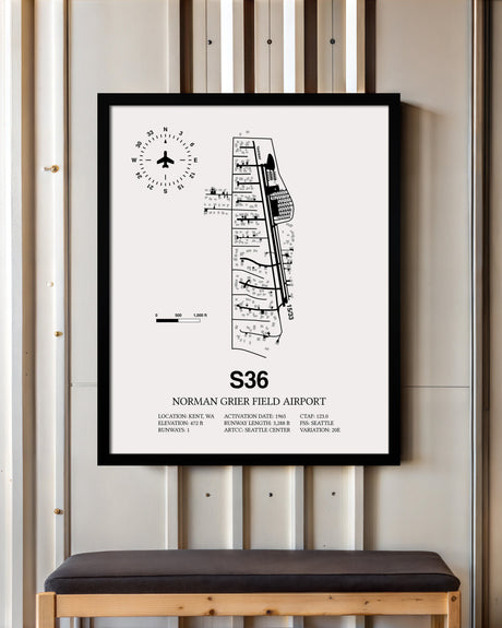 Framed Detailed Airport Map of Norman Grier Field Airport (S36) in White with a Black Frame