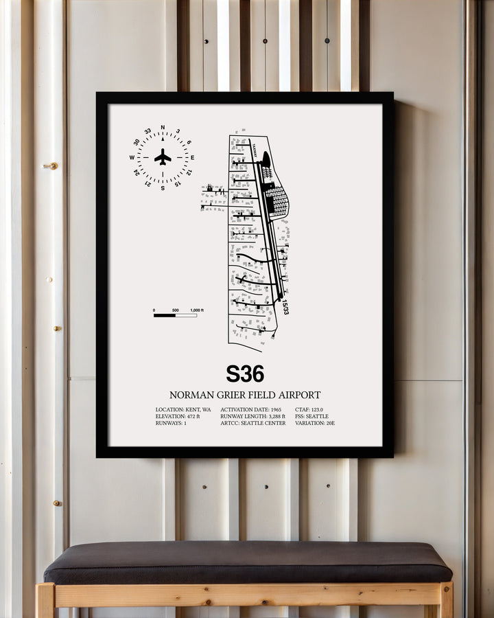 Framed Detailed Airport Map of Norman Grier Field Airport (S36) in White with a Black Frame