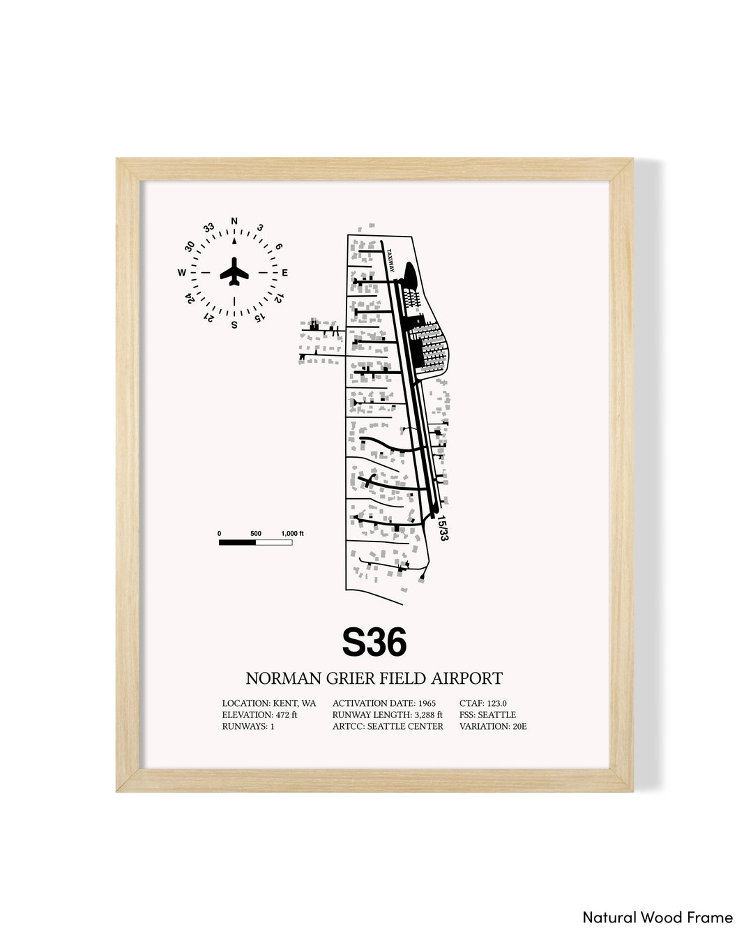Detailed Airport Map of Norman Grier Field Airport (S36) in White with a Natural Frame